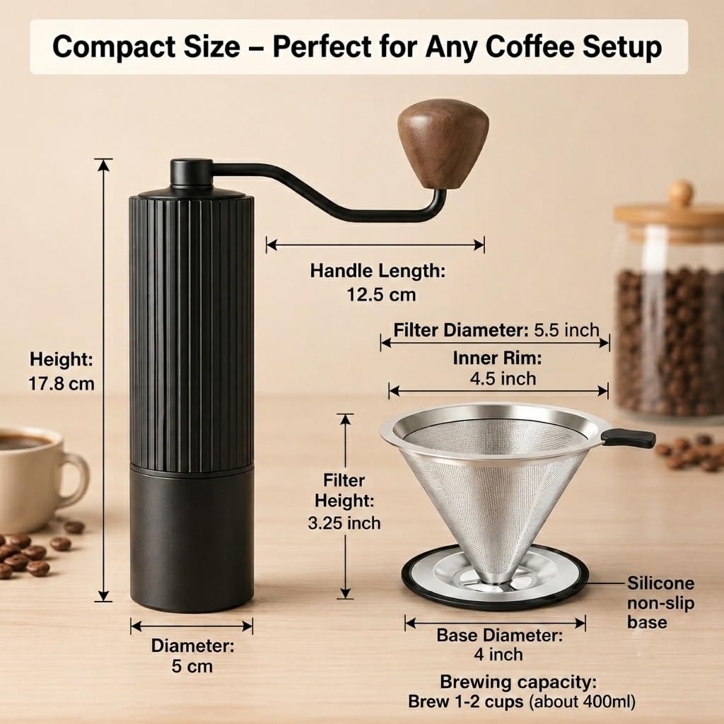 Manual Coffee Grinder with Strainer & Brush, Adjustable Stainless Steel Burr, 30g Hand Crank Coffee Mill, Aluminum Body & Walnut Handle Q318607