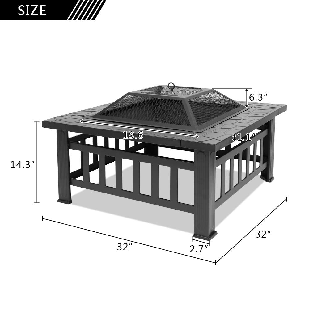 32in Square Metal Wood Burning Fire Pit with Spark Screen J154