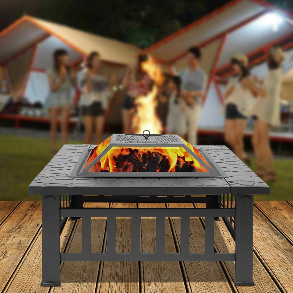 32in Square Metal Wood Burning Fire Pit with Spark Screen J154