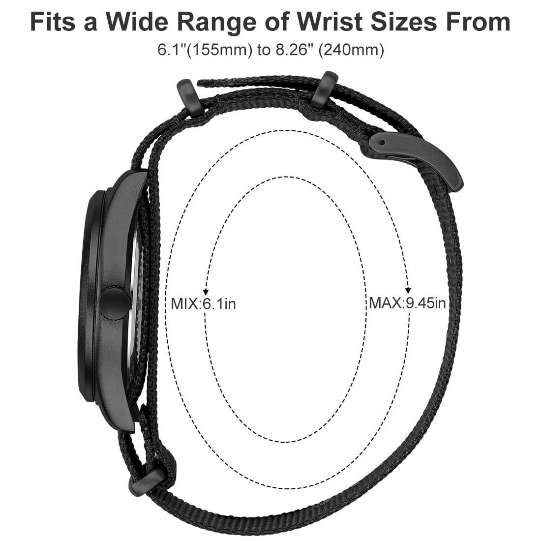 Nylon Slip-Thru Strap Watch with Military Time Easy Read Dial Glowing Hands L83385