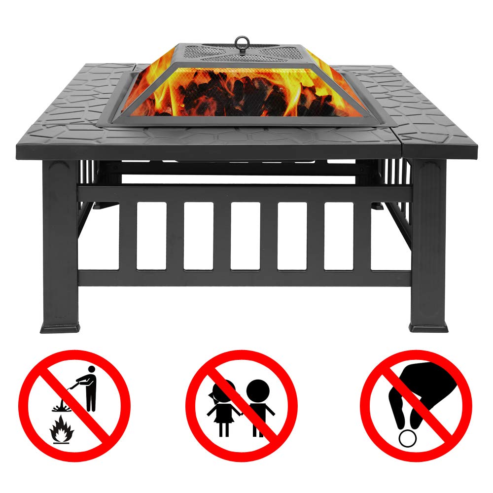 32in Square Metal Wood Burning Fire Pit with Spark Screen J154