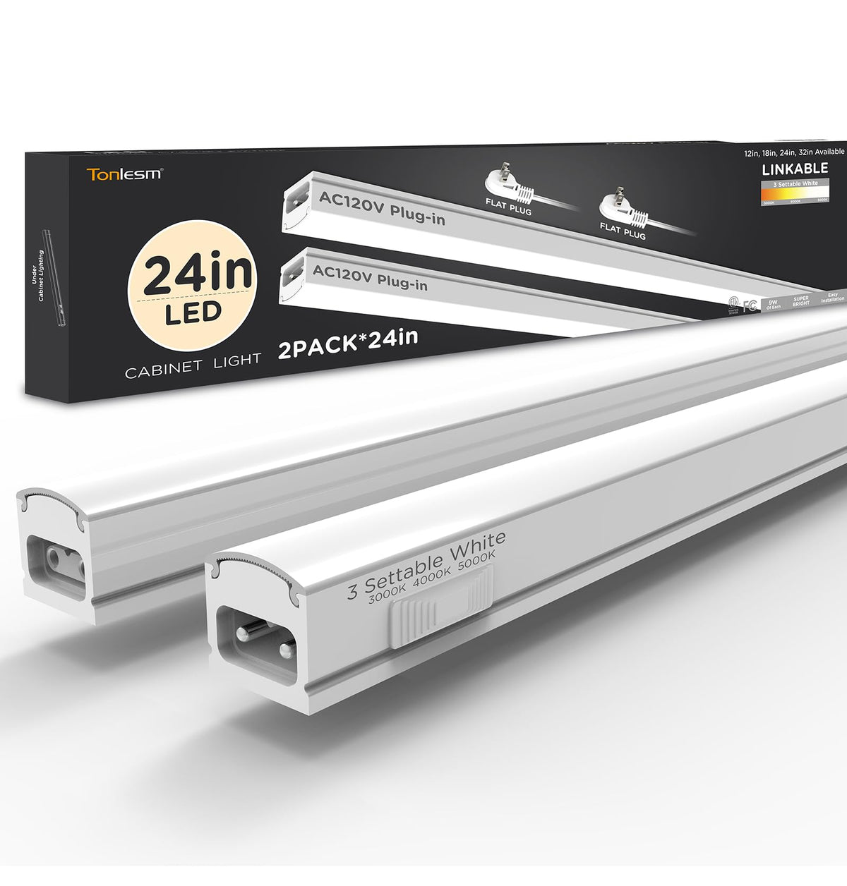Under Cabinet Lighting Plug in AC120V 3CCT 3000/4000/5000K Linkable Ultra Slim LED Cabinet Light 24inch White 2Pack L331