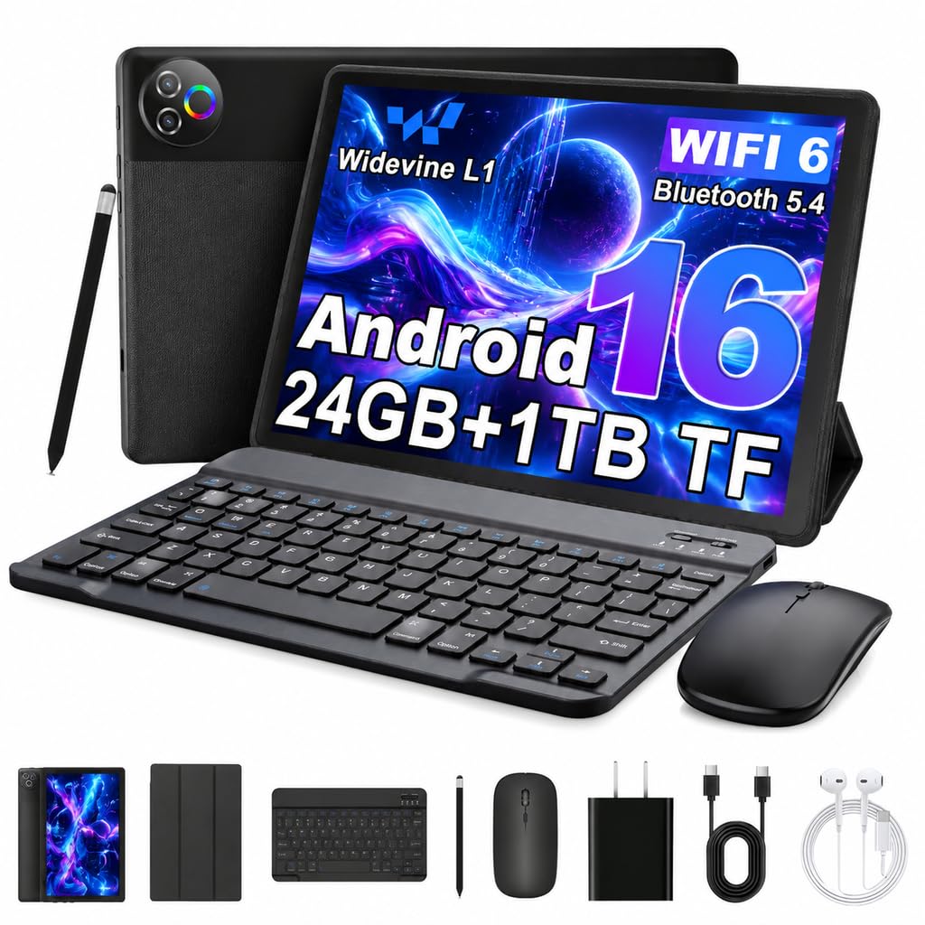 Android 16 Tablet with Keyboard Mouse Stylus Case, 24GB RAM 1TB TF Expand, 10 inch HD IPS Screen Y427
