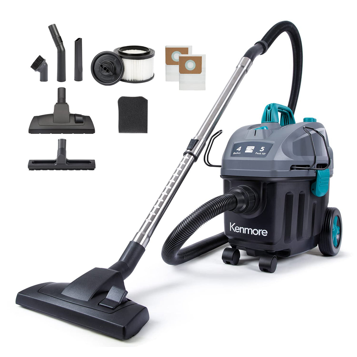 Wet Dry Canister Vacuum Cleaner 4 Gallon 5 Peak HP with Washable HEPA Filter I90474