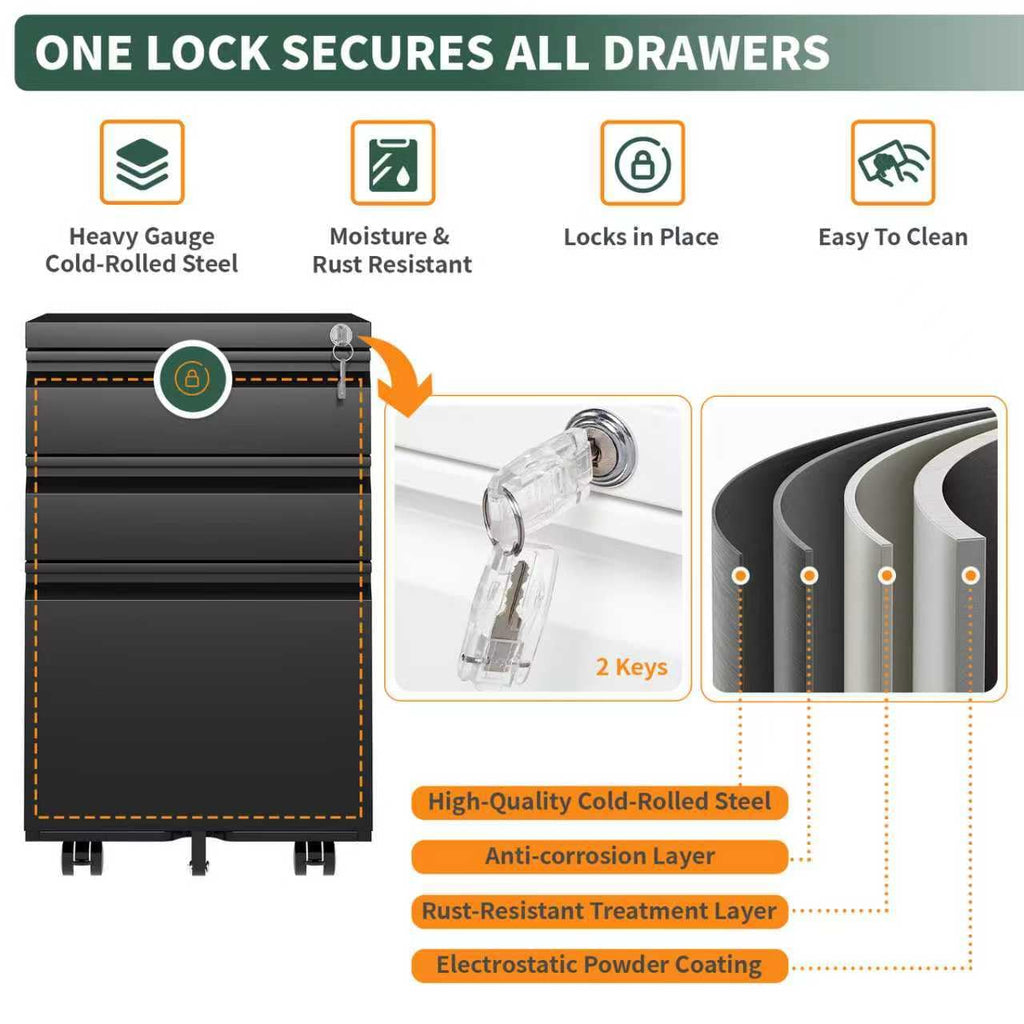 3 Drawer Black Steel File Cabinet with Lock M841
