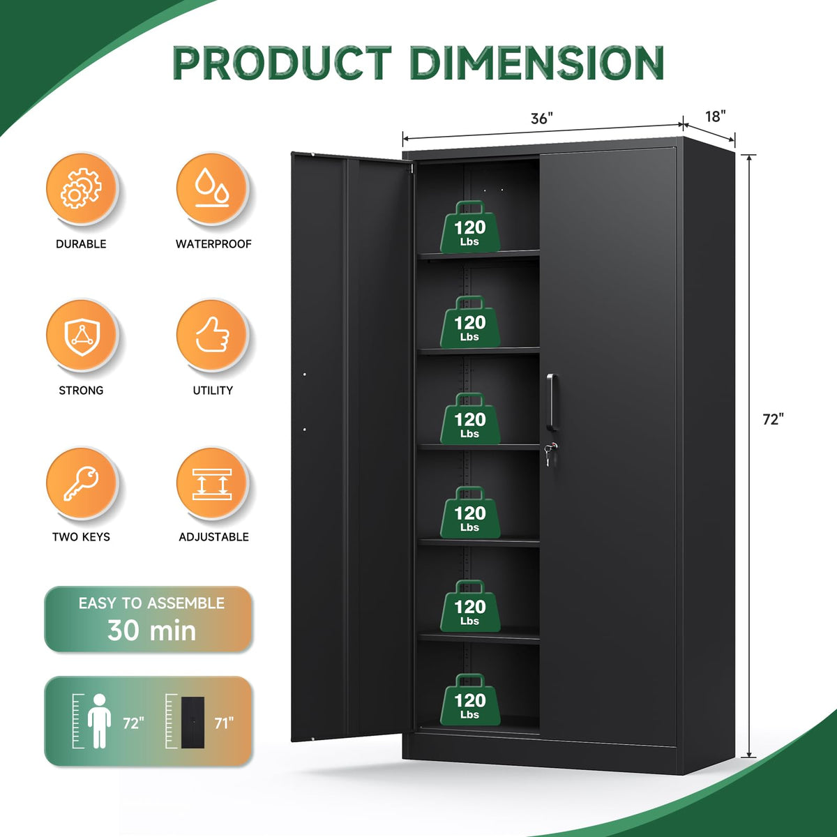 Metal Garage Storage Cabinets with Lock, 72 Tall Steel Lockers, 5 Adjustable Shelves, Black I353894