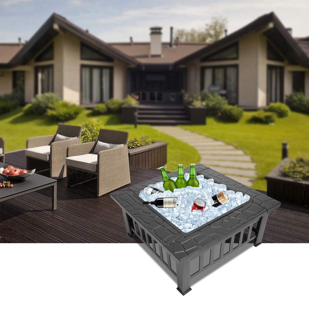 32in Square Metal Wood Burning Fire Pit with Spark Screen J154