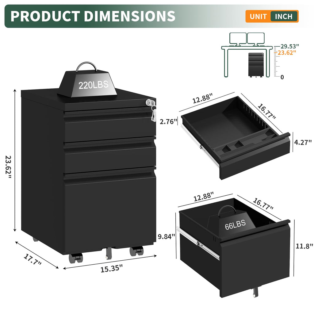 3 Drawer Black Steel File Cabinet with Lock M841