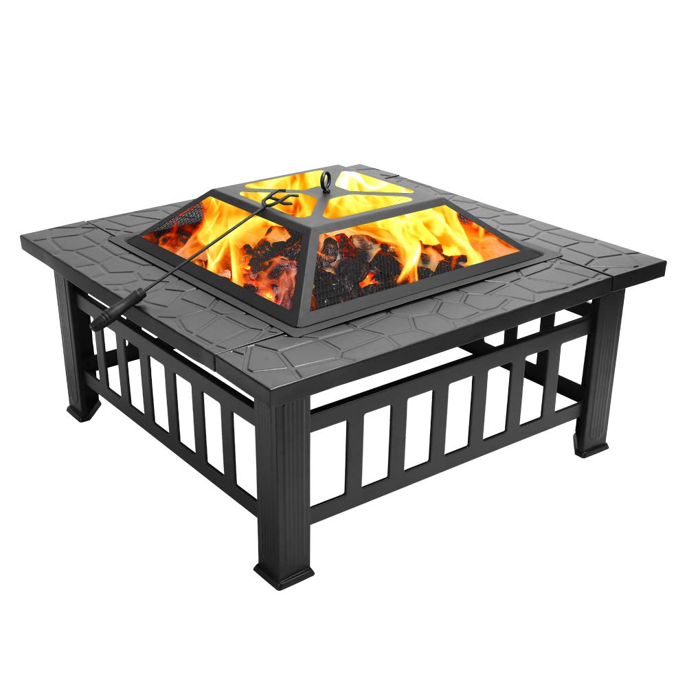 32in Square Metal Wood Burning Fire Pit with Spark Screen J154