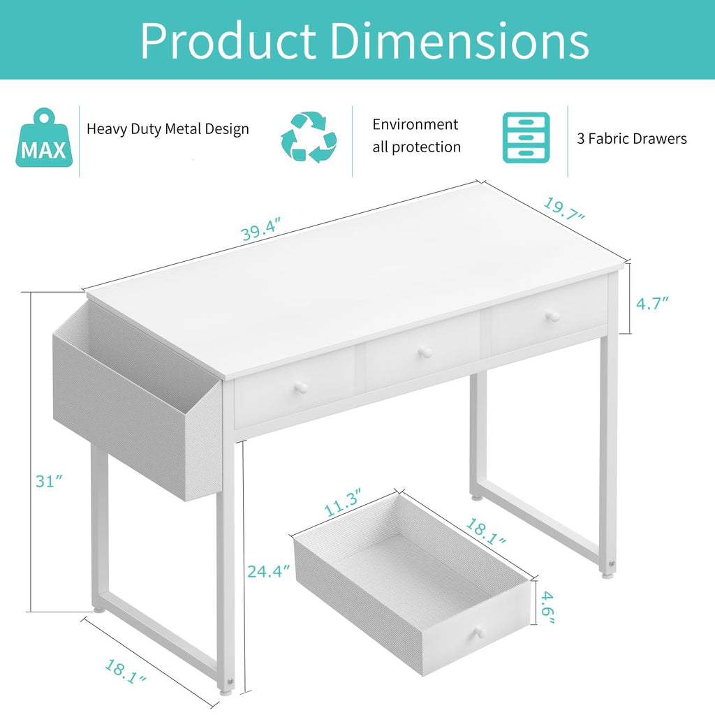 White 40 Inch Computer Desk with Drawers W6692