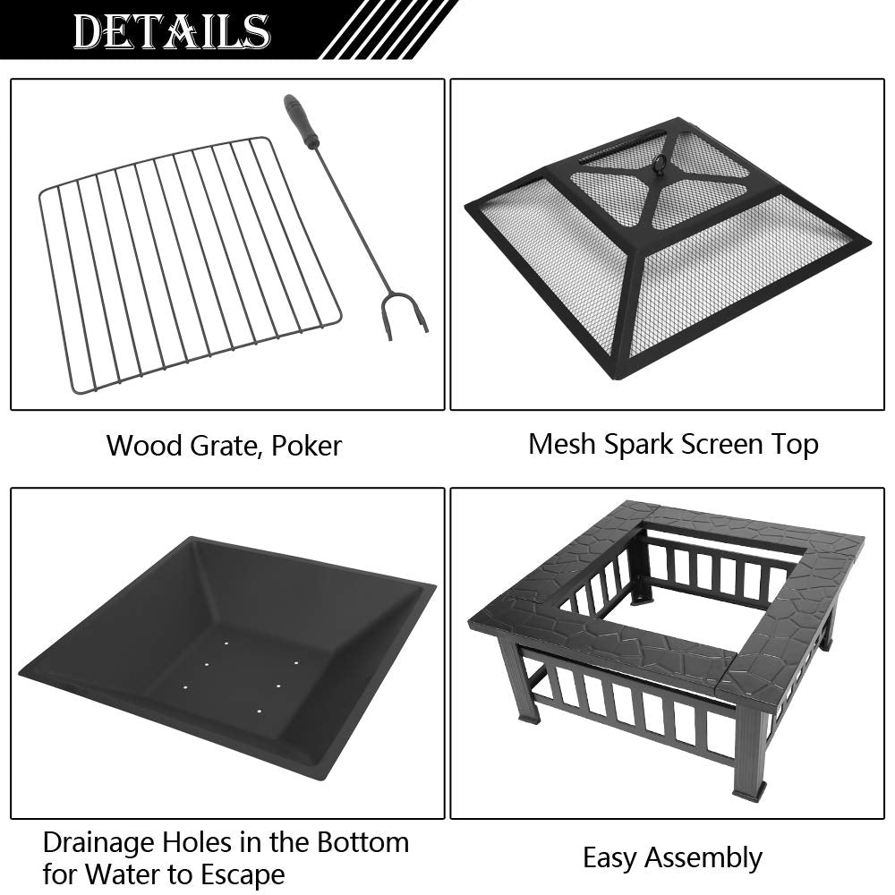 32in Square Metal Wood Burning Fire Pit with Spark Screen J154