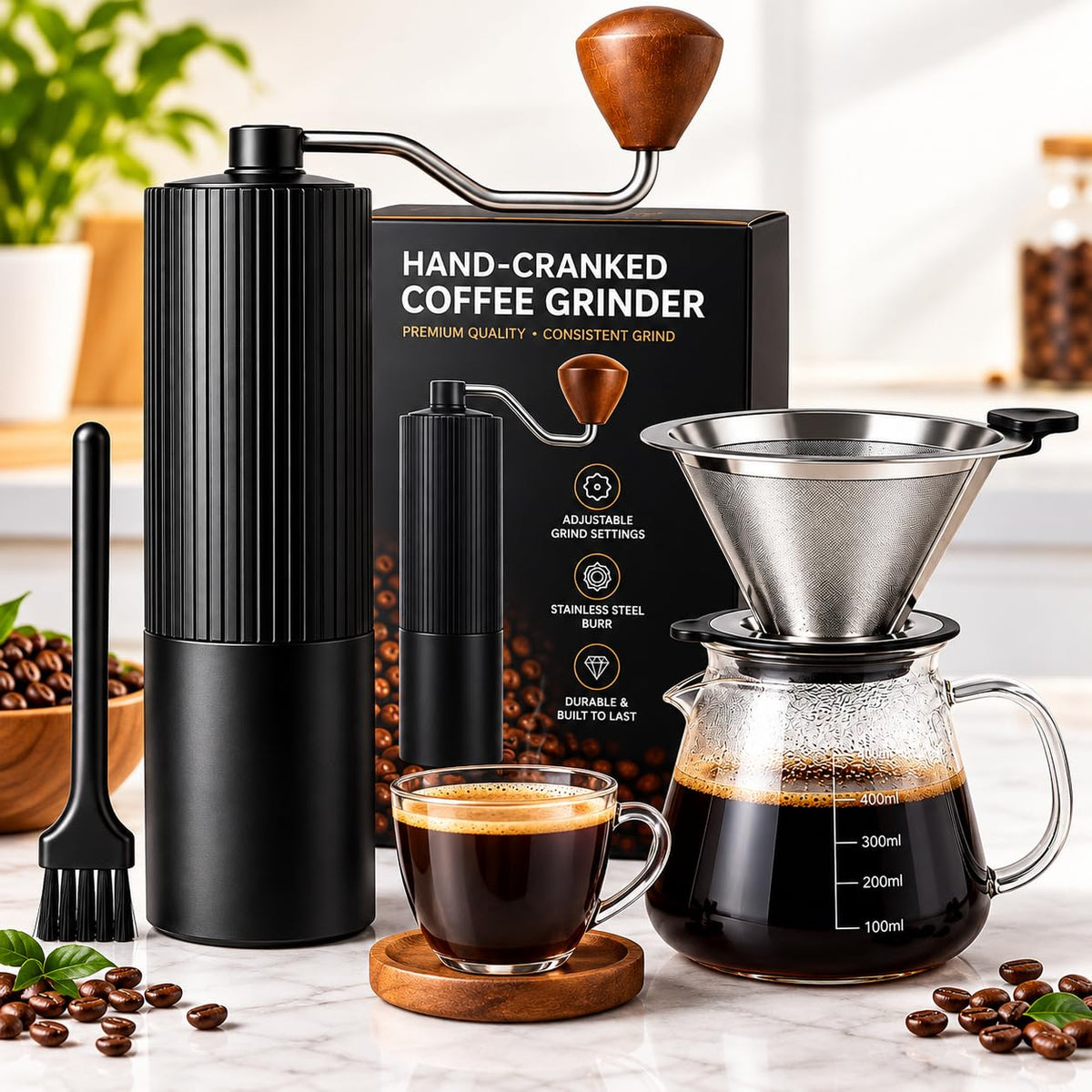 Manual Coffee Grinder with Strainer & Brush, Adjustable Stainless Steel Burr, 30g Hand Crank Coffee Mill, Aluminum Body & Walnut Handle Q318607