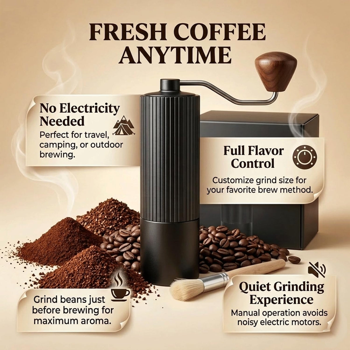 Manual Coffee Grinder with Strainer & Brush, Adjustable Stainless Steel Burr, 30g Hand Crank Coffee Mill, Aluminum Body & Walnut Handle Q318607