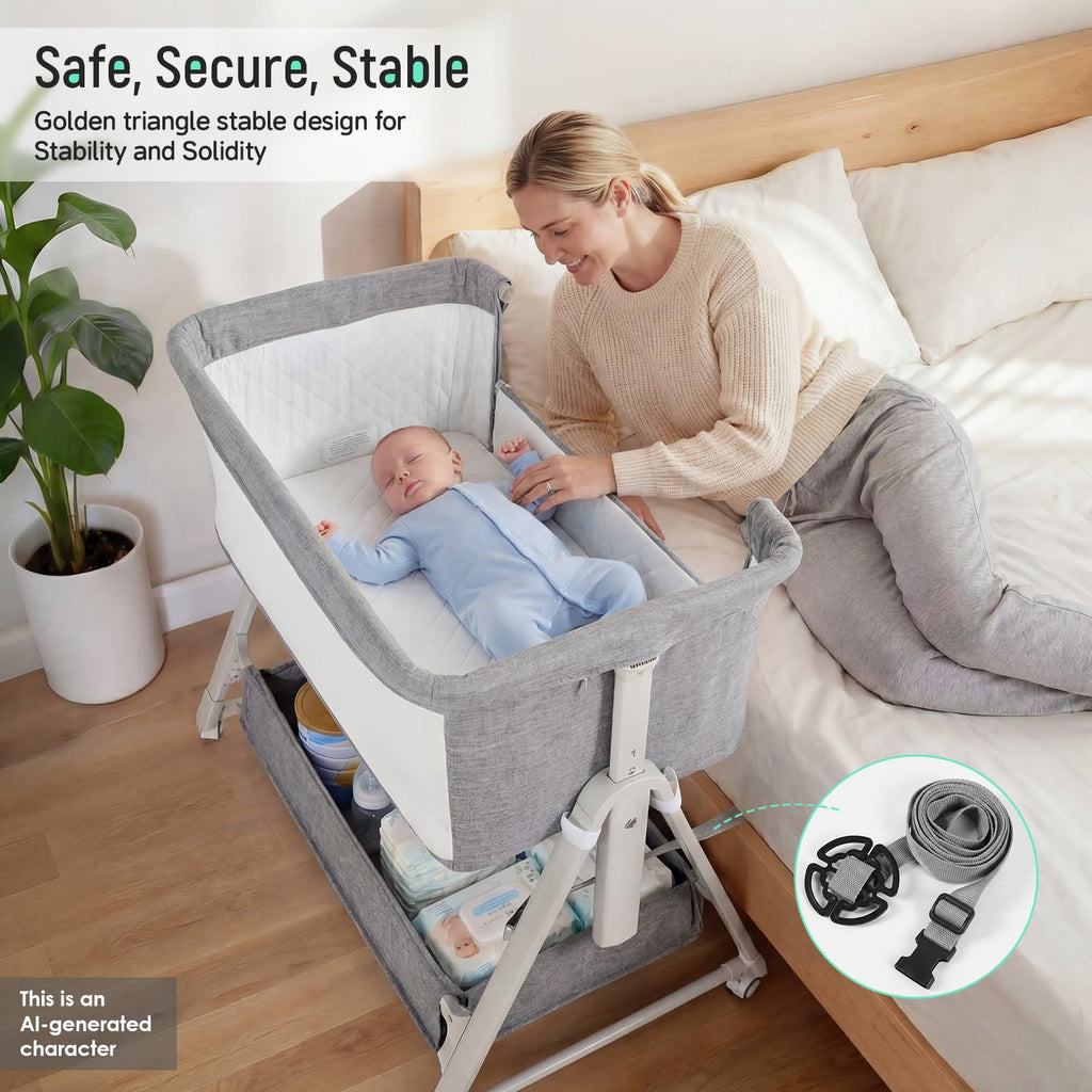 Baby Bassinet Bedside Crib with Mattress Wheel Storage Travel Bag Light Grey A47134