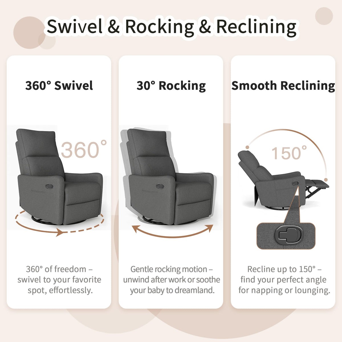 Dark Gray Swivel Rocker Recliner Chair I53672