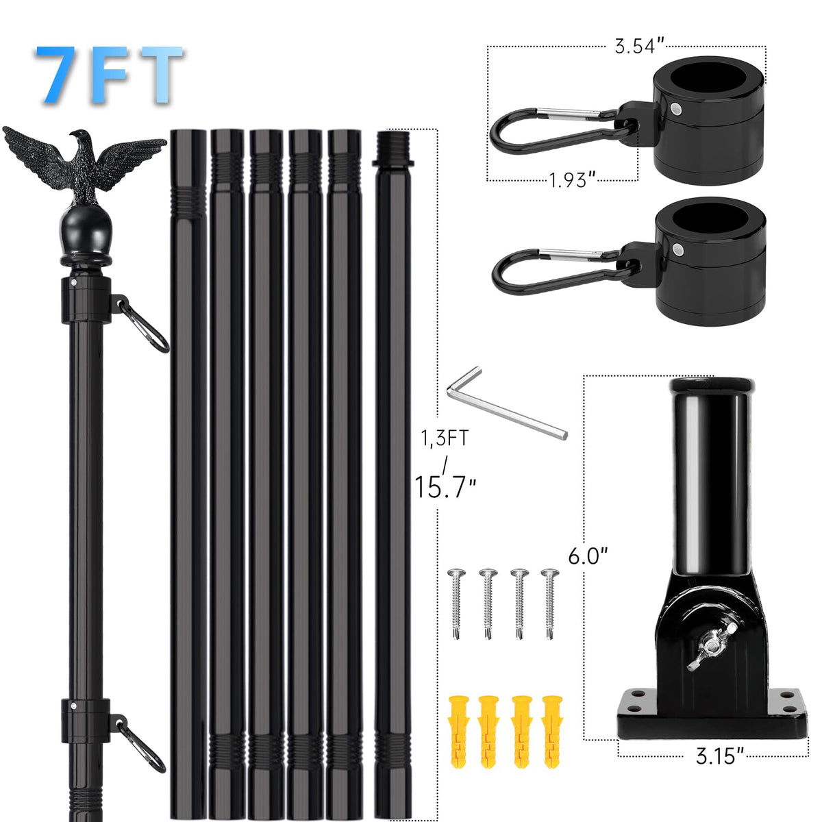 7FT Stainless Steel Flag Pole Kit with Solar Light and Adjustable Bracket T231