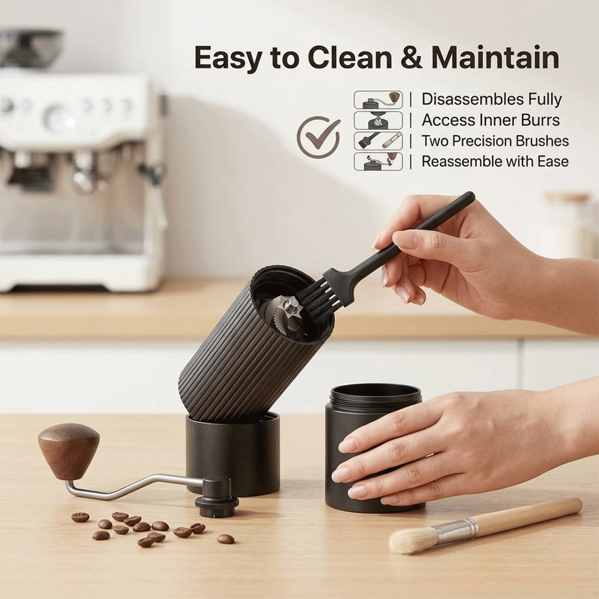 Manual Coffee Grinder with Strainer & Brush, Adjustable Stainless Steel Burr, 30g Hand Crank Coffee Mill, Aluminum Body & Walnut Handle Q318607