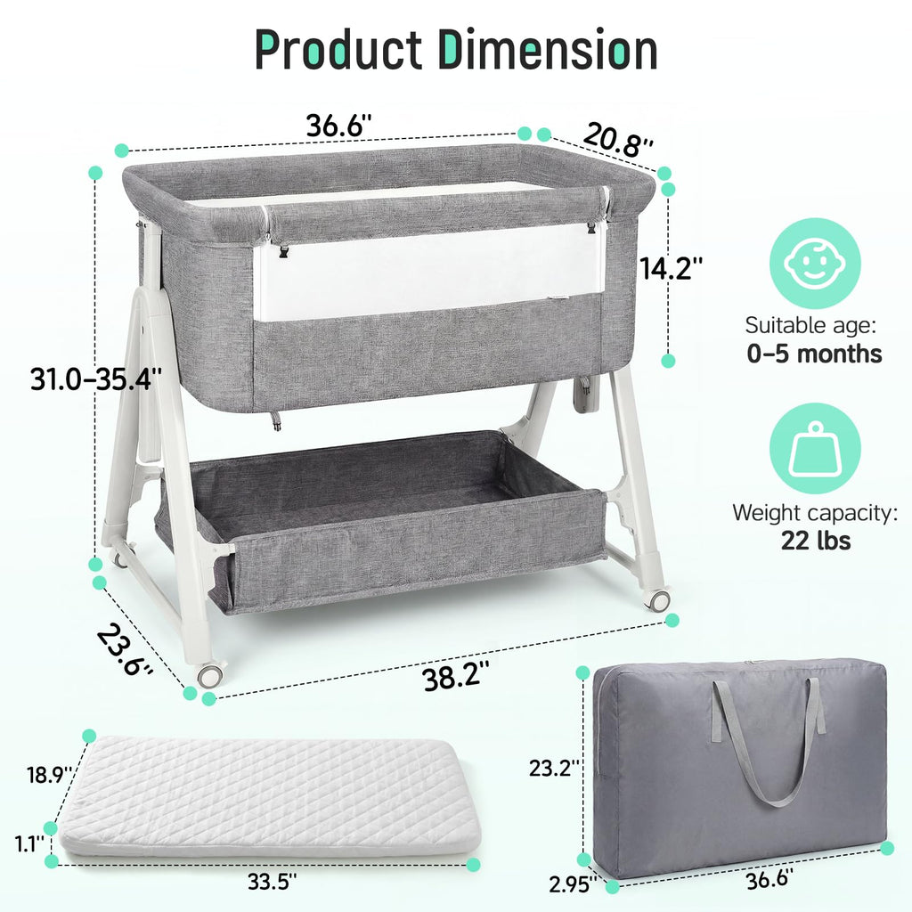 Baby Bassinet Bedside Crib with Mattress Wheel Storage Travel Bag Light Grey A47134