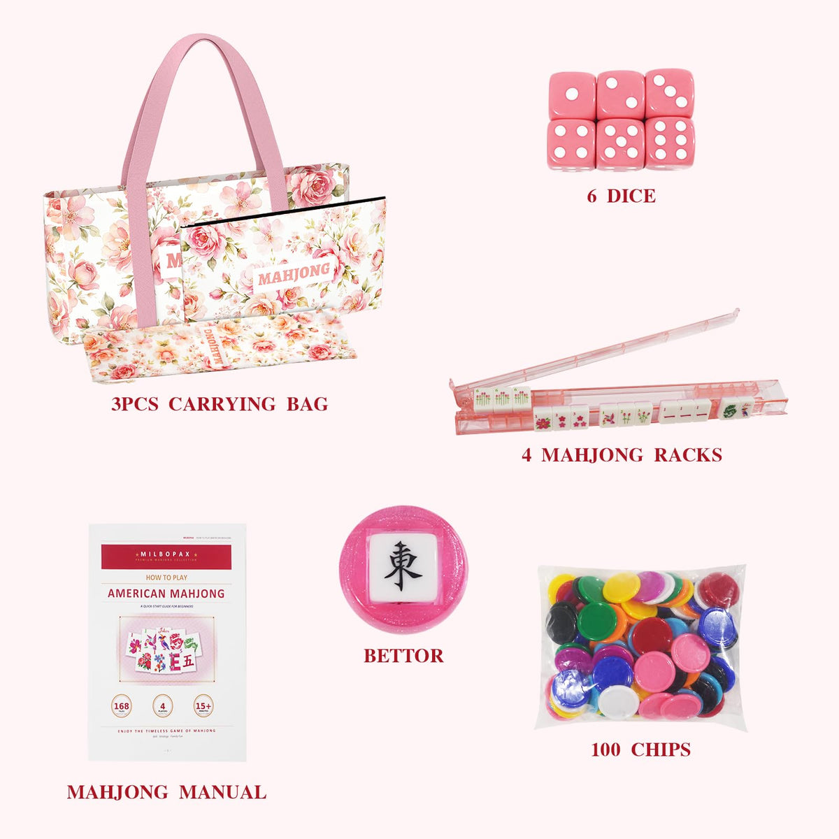 1.2” American Mahjong Set 168 Pink Floral Melamine Tiles T81840