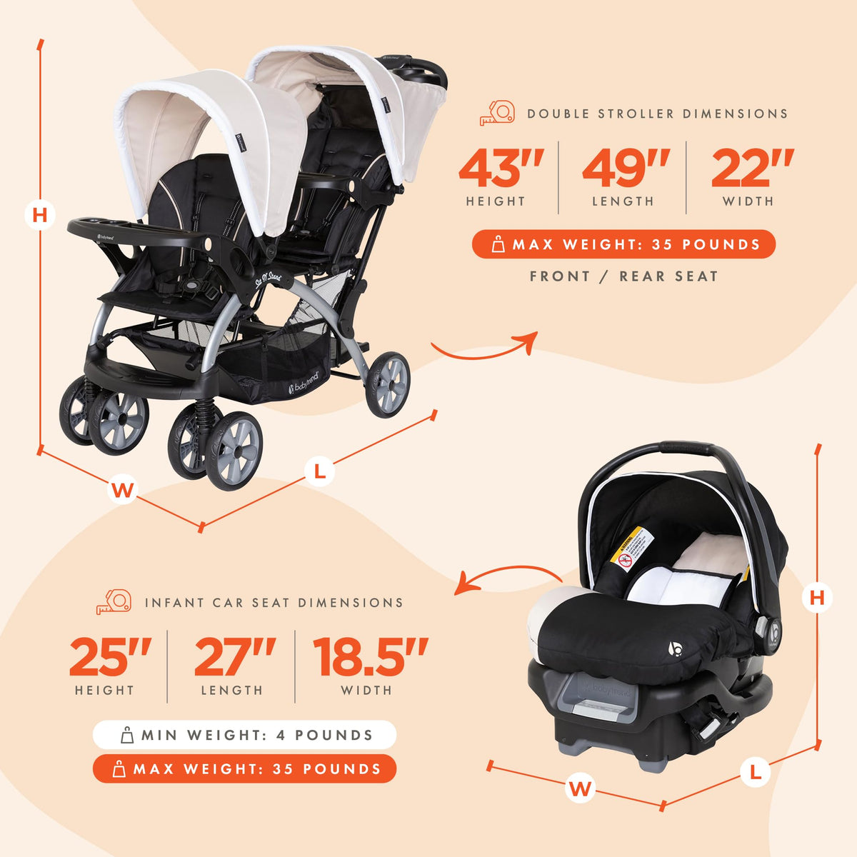 Khaki 3 Pc Double Stroller & 2 Car Seats V6192