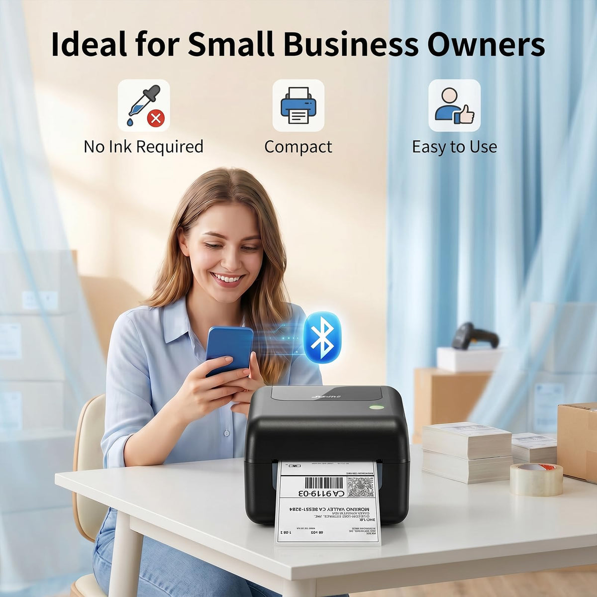 Bluetooth Thermal Shipping Label Printer with Built-in Label Bin, Wireless 4x6, Black S109