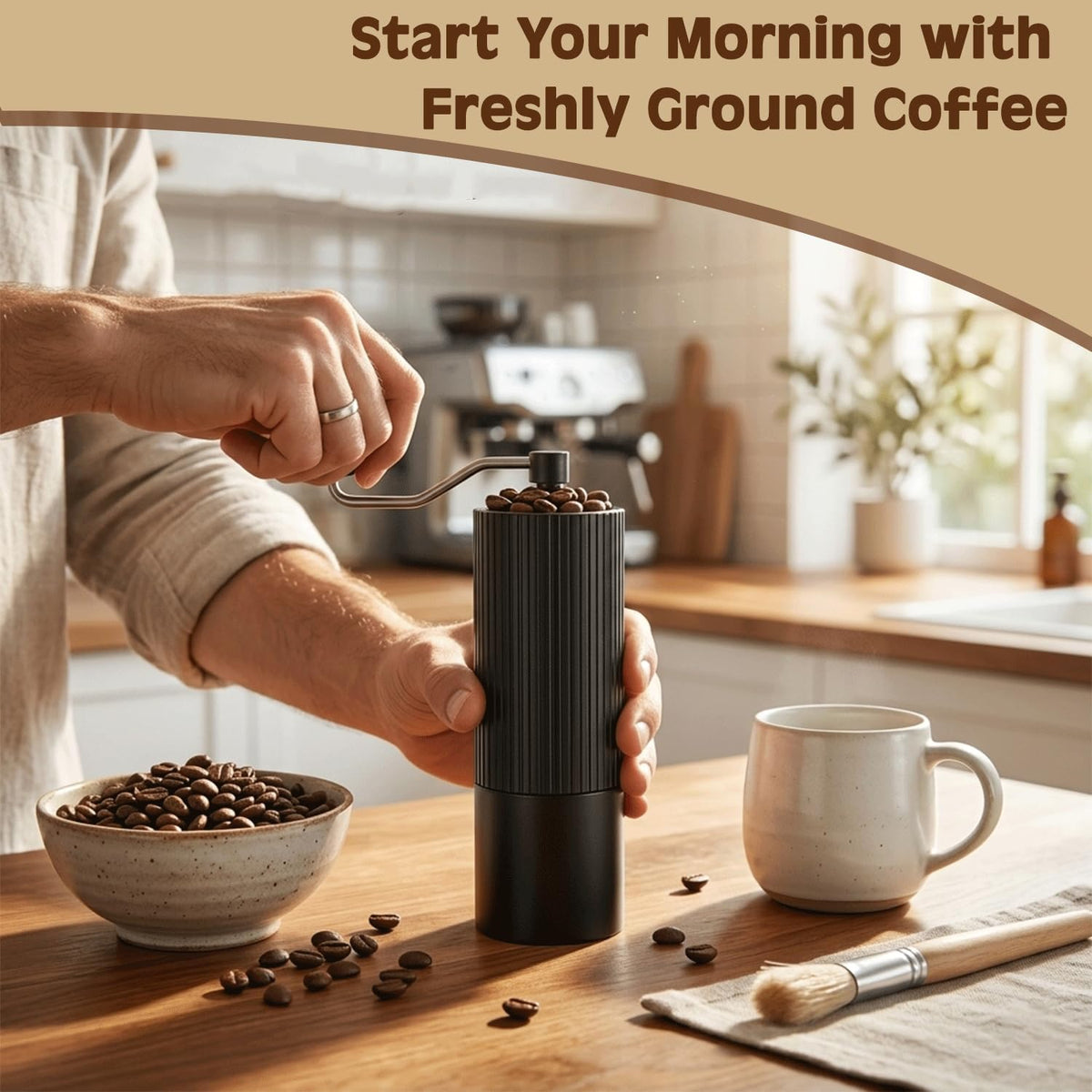 Manual Coffee Grinder with Strainer & Brush, Adjustable Stainless Steel Burr, 30g Hand Crank Coffee Mill, Aluminum Body & Walnut Handle Q318607