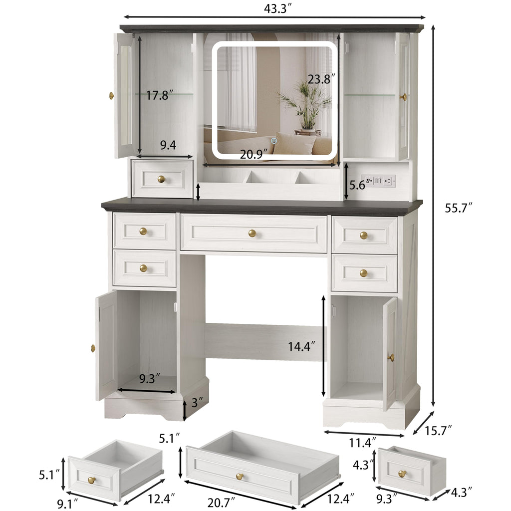 White Makeup Vanity Desk with Mirror and LED Lights D3630