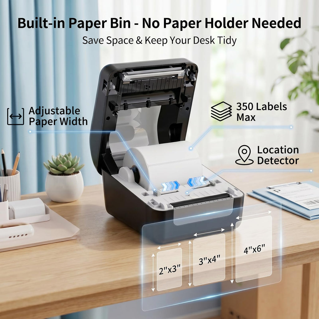 Bluetooth Thermal Shipping Label Printer with Built-in Label Bin, Wireless 4x6, Black S109