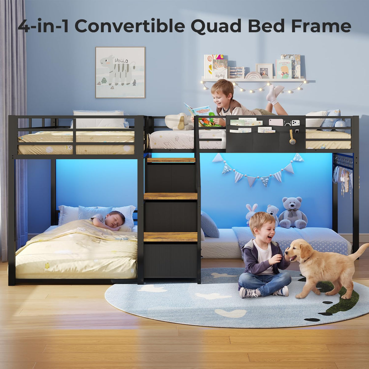 Twin Size L-Shaped Triple Bunk Beds with Staircase & 6 Storage Drawers I26957