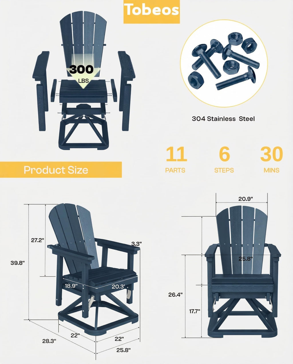 HDPE Oversized Swivel Glider Rocking Chair Set of 2 Navy Blue A140431