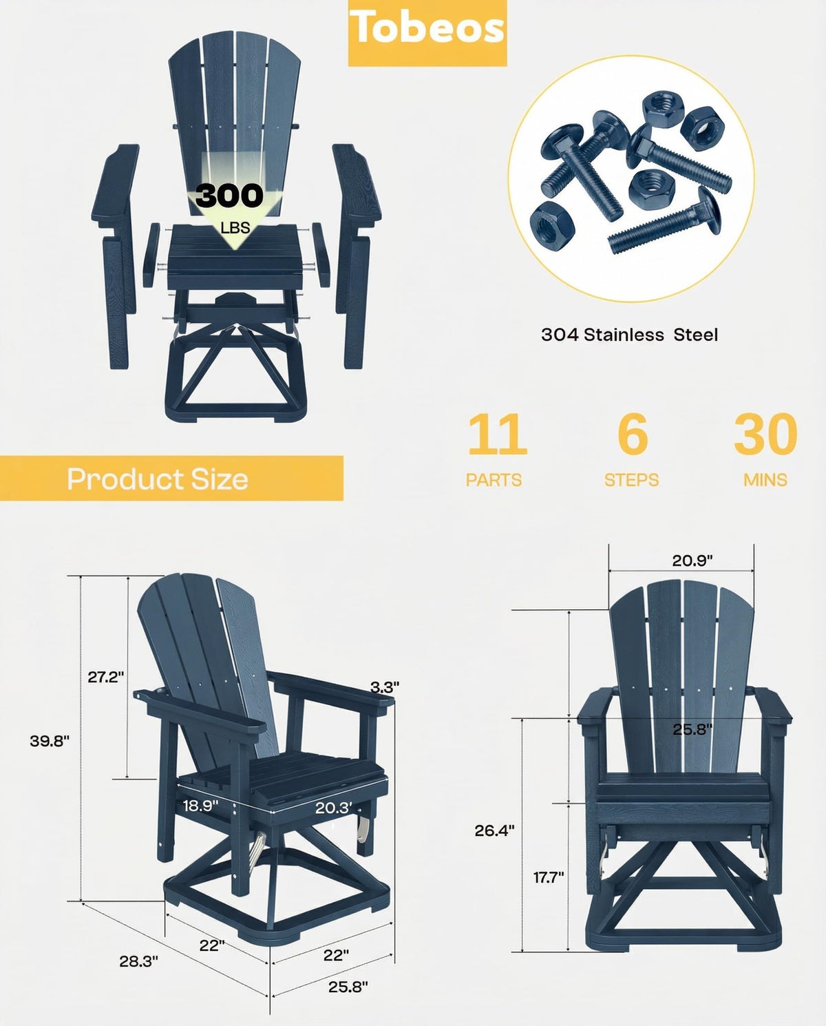 HDPE Oversized Swivel Glider Rocking Chair Set of 2 Navy Blue A140431