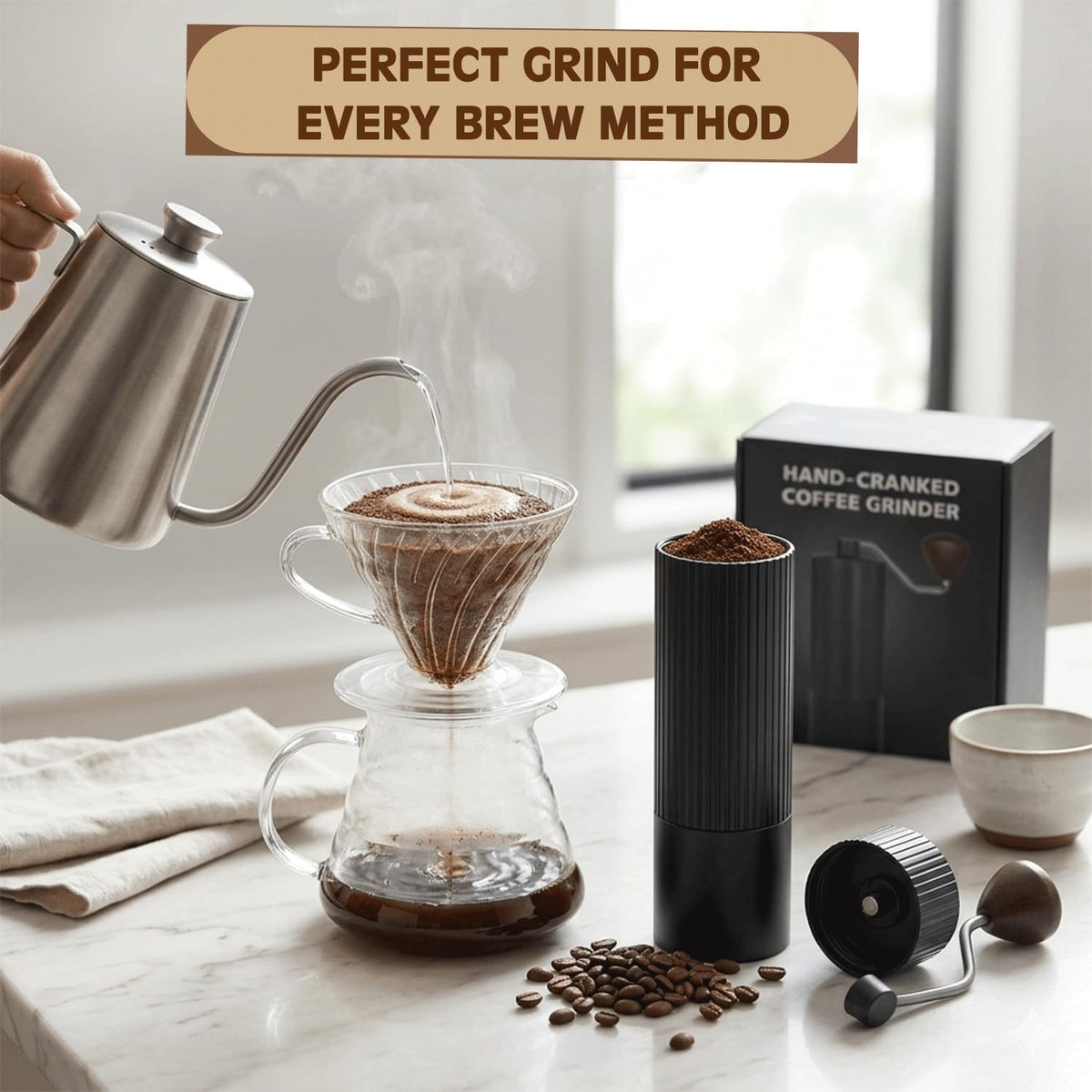 Manual Coffee Grinder with Strainer & Brush, Adjustable Stainless Steel Burr, 30g Hand Crank Coffee Mill, Aluminum Body & Walnut Handle Q318607