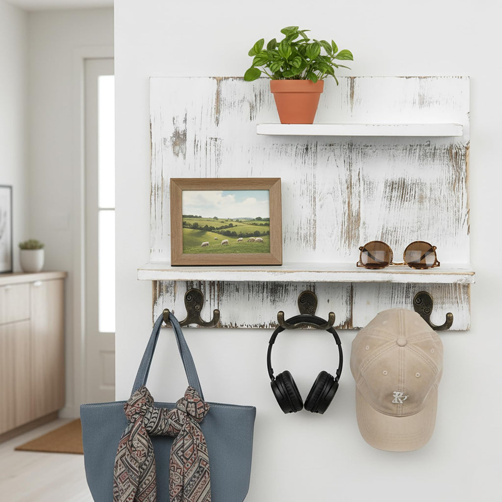 2 Tier White Washed Solid Wood Bathroom Storage Shelves with 6 Hooks I3466