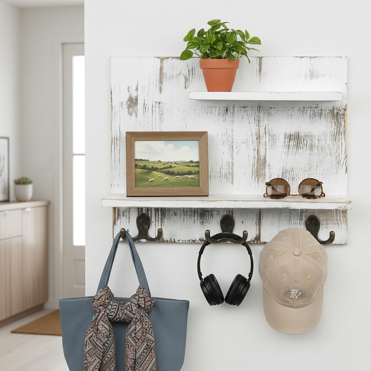 2 Tier White Washed Solid Wood Bathroom Storage Shelves with 6 Hooks I3466