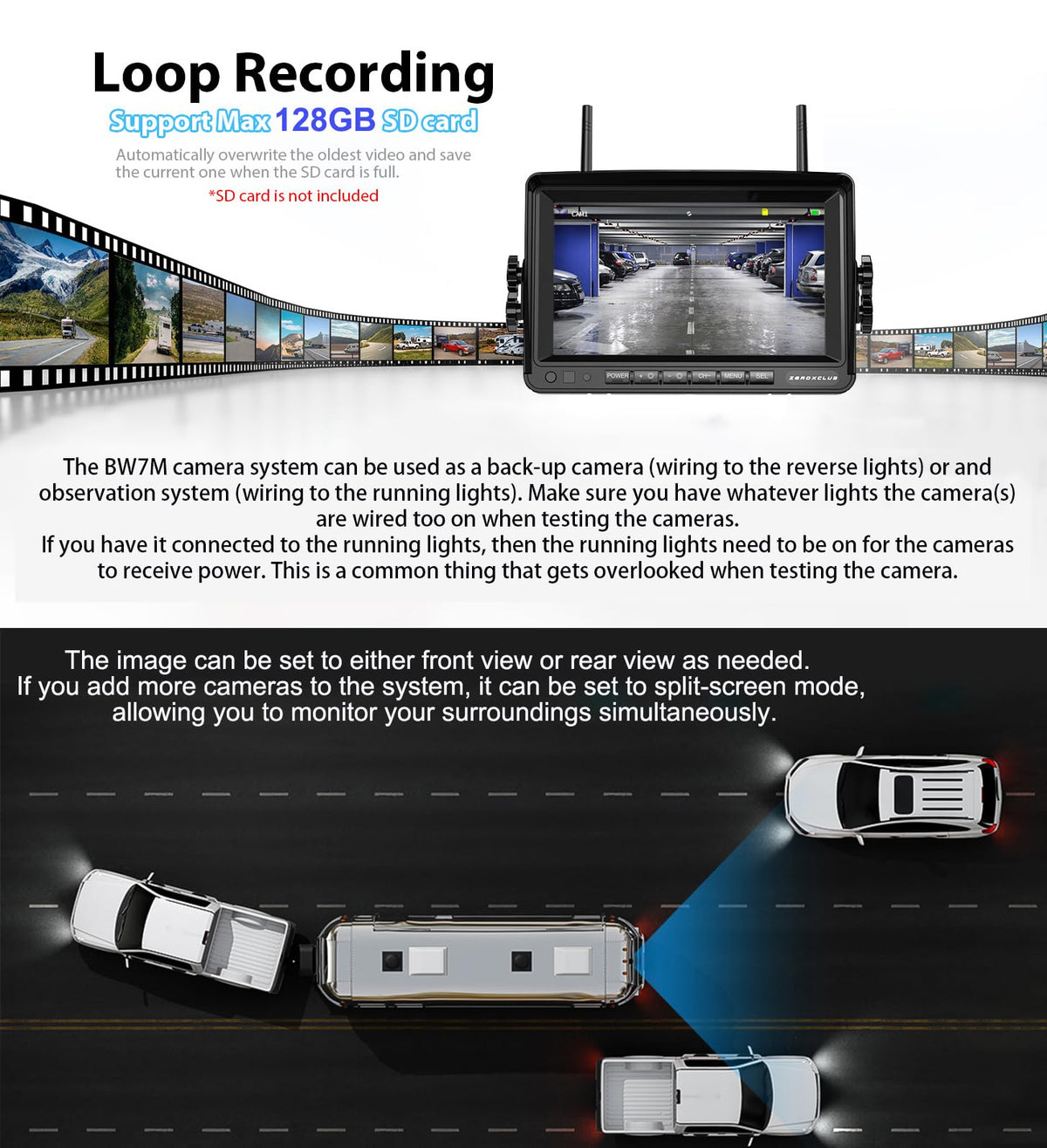 1080P 7" Wireless RV Backup Camera System with DVR Monitor Y60499