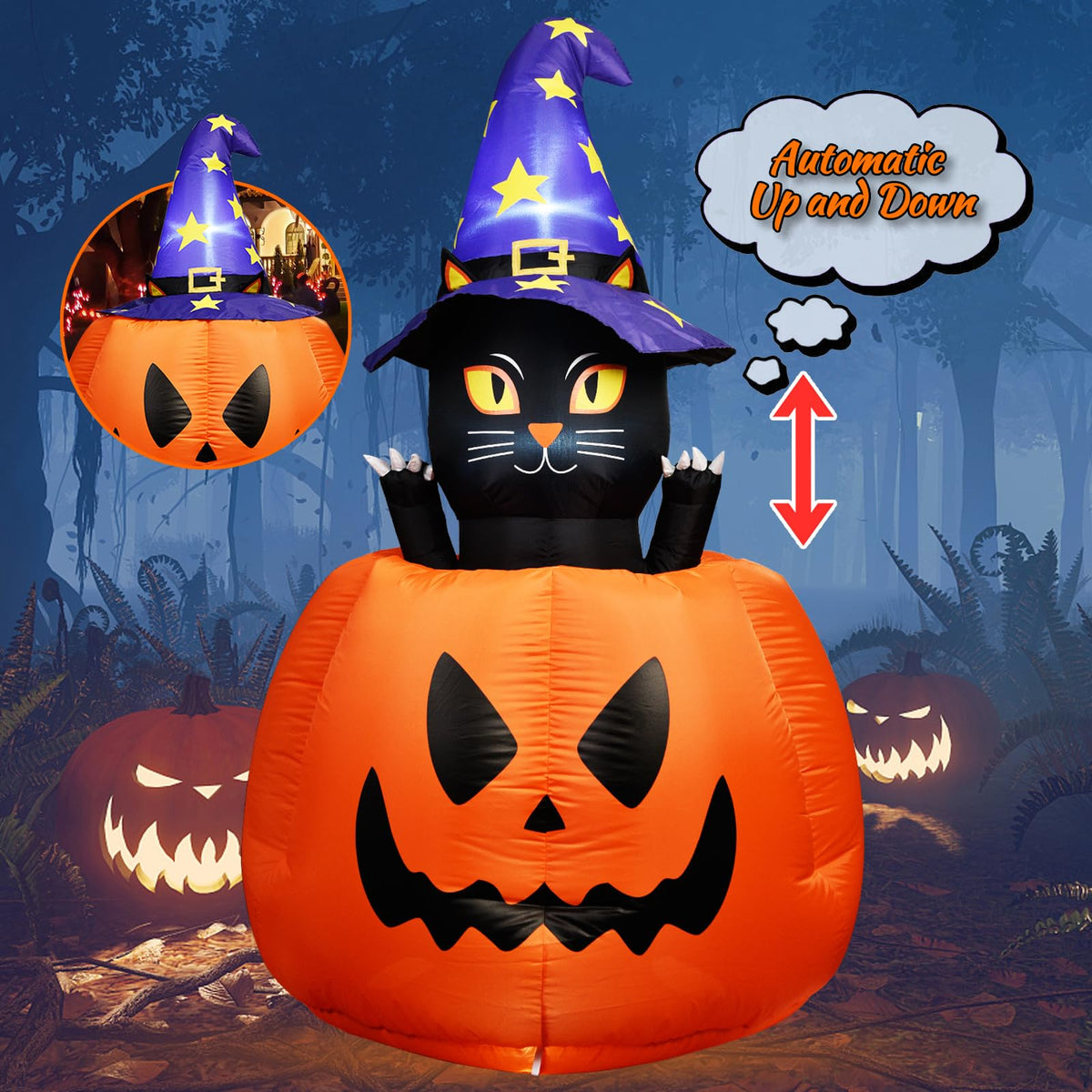 Halloween Inflatable Animated Witch Cat in Pumpkin A27916