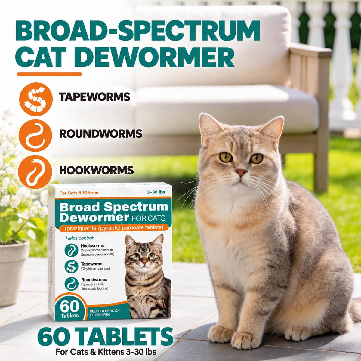 Broad Spectrum Cat Dewormer Tablets 60 Count H4467