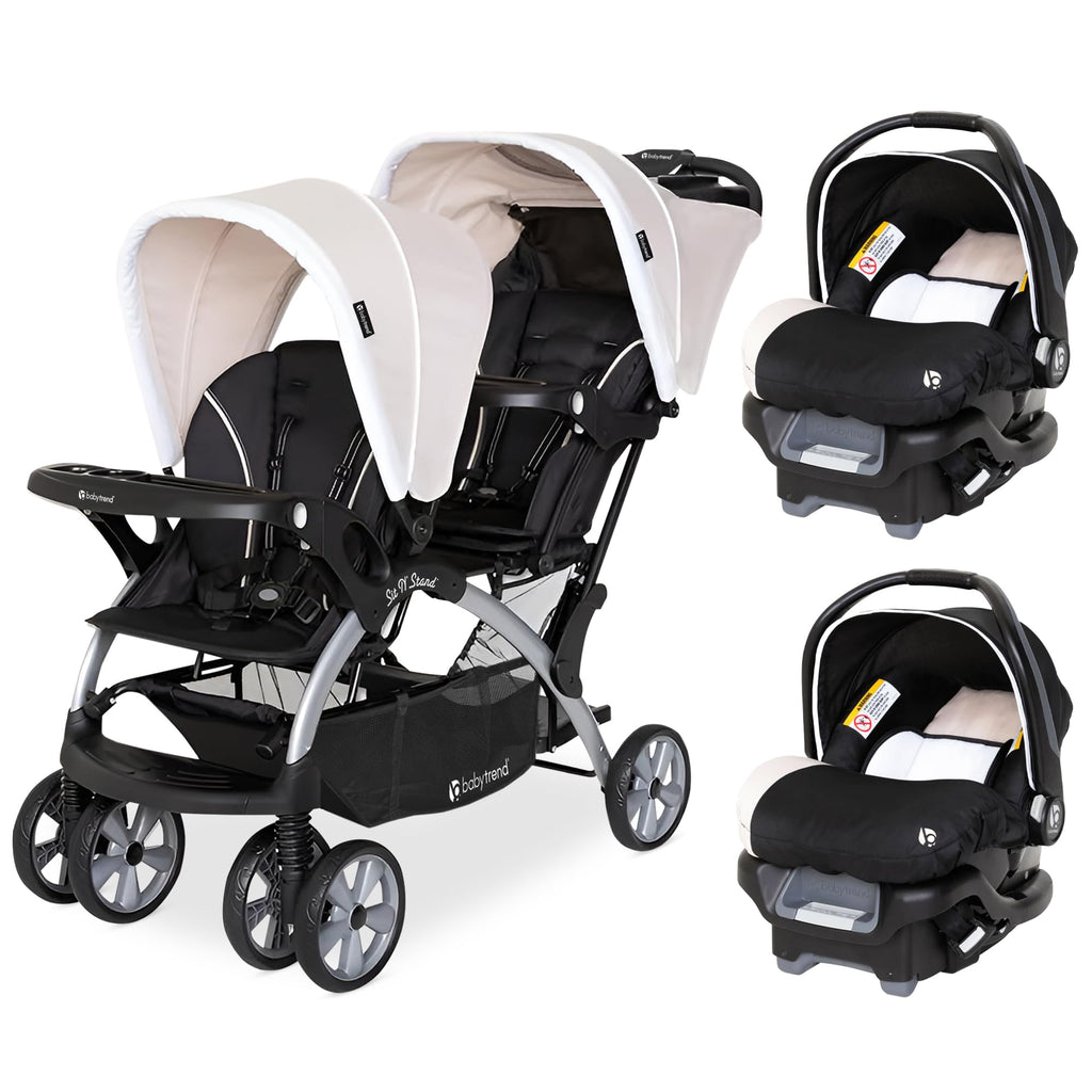 Khaki 3 Pc Double Stroller & 2 Car Seats V6192