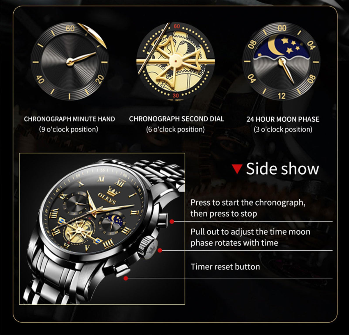 Waterproof Stainless Steel Multifunction Mens Watch L6133