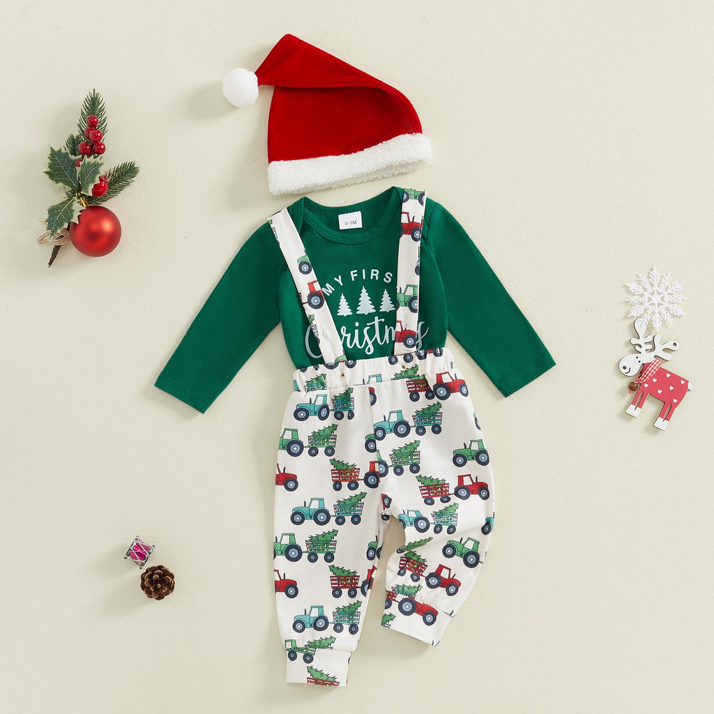St Patricks Day Baby Boy Outfit Romper Onesie Suspender Pants Set With Beanie Hat D961958