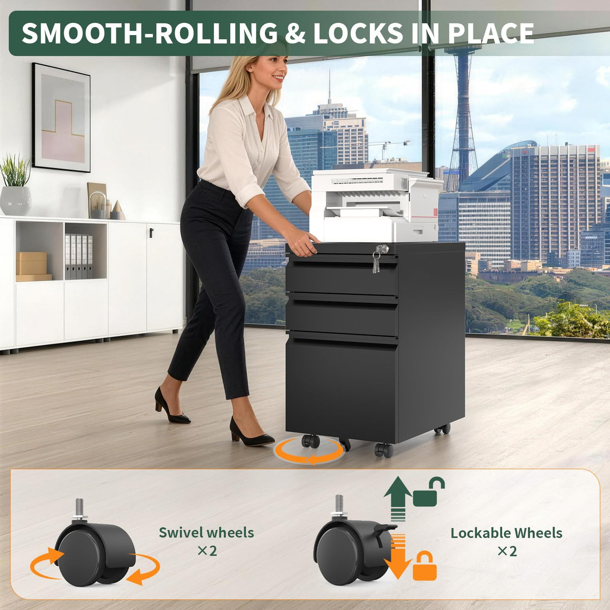 3 Drawer Black Steel File Cabinet with Lock M841