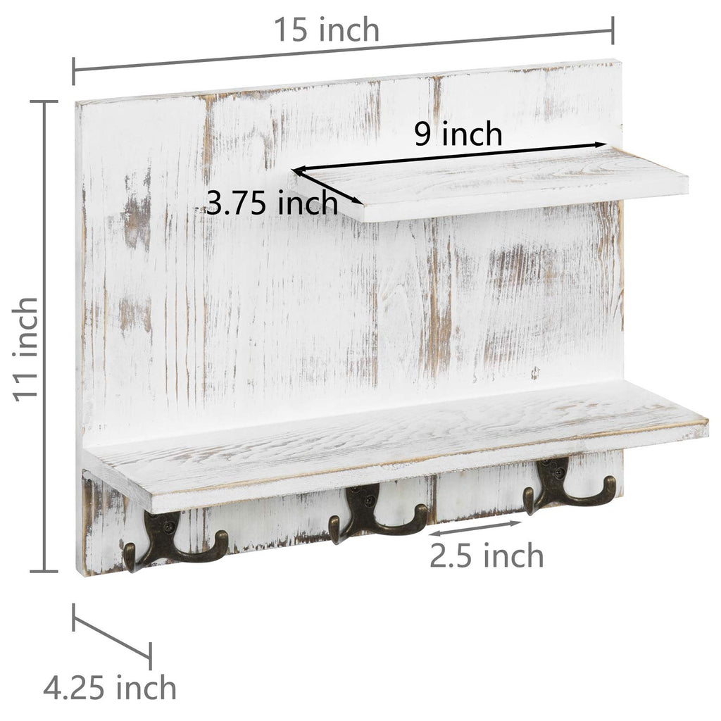 2 Tier White Washed Solid Wood Bathroom Storage Shelves with 6 Hooks I3466