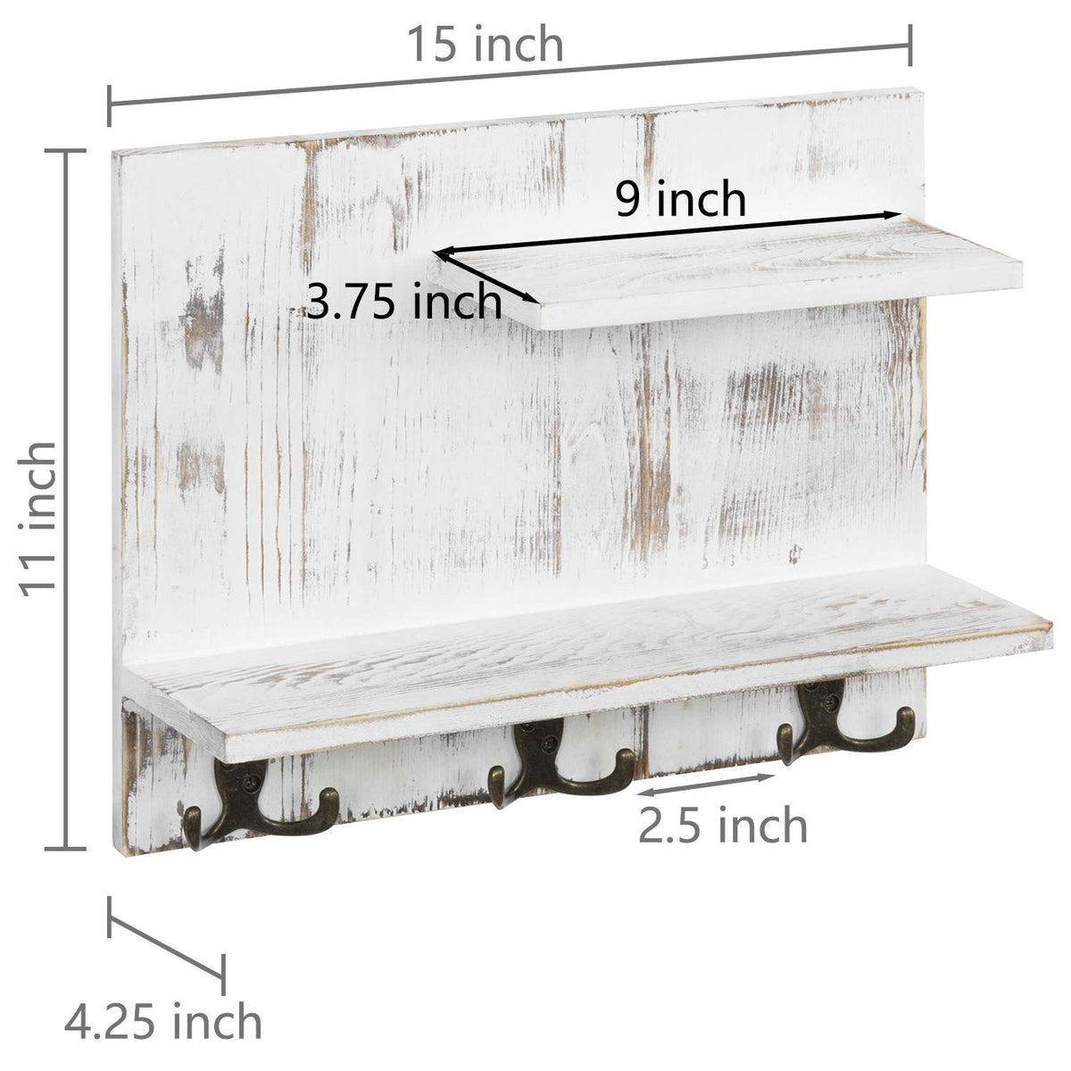 2 Tier White Washed Solid Wood Bathroom Storage Shelves with 6 Hooks I3466