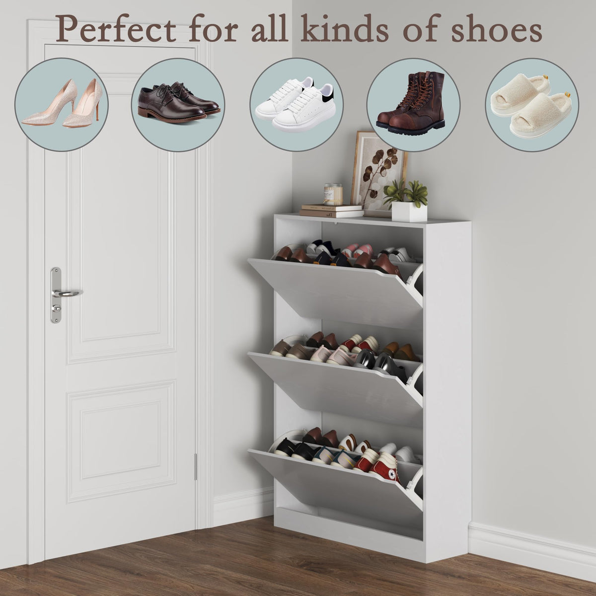 White 3 Flip Drawer Wood Shoe Cabinet H14627