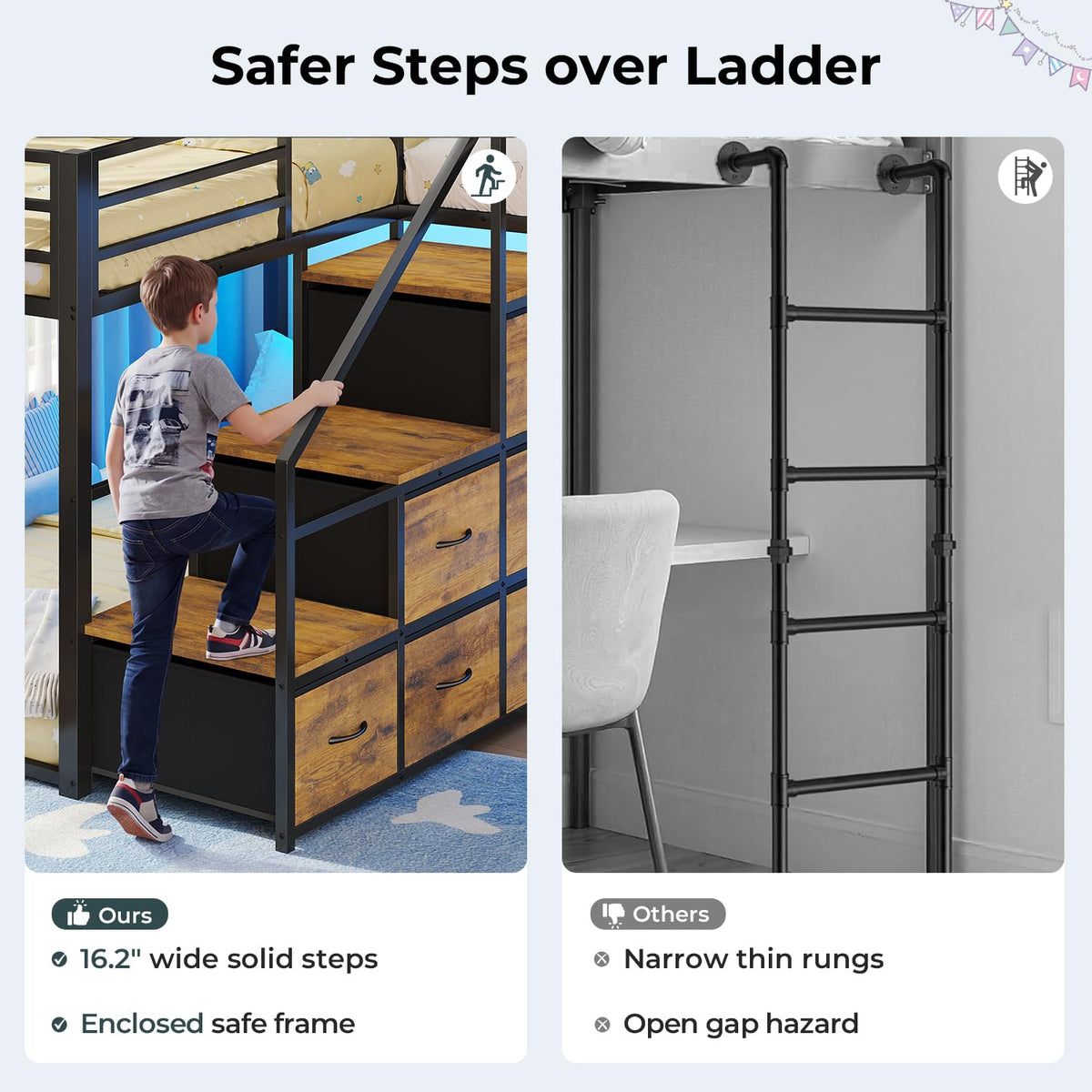 Twin Size L-Shaped Triple Bunk Beds with Staircase & 6 Storage Drawers I26957