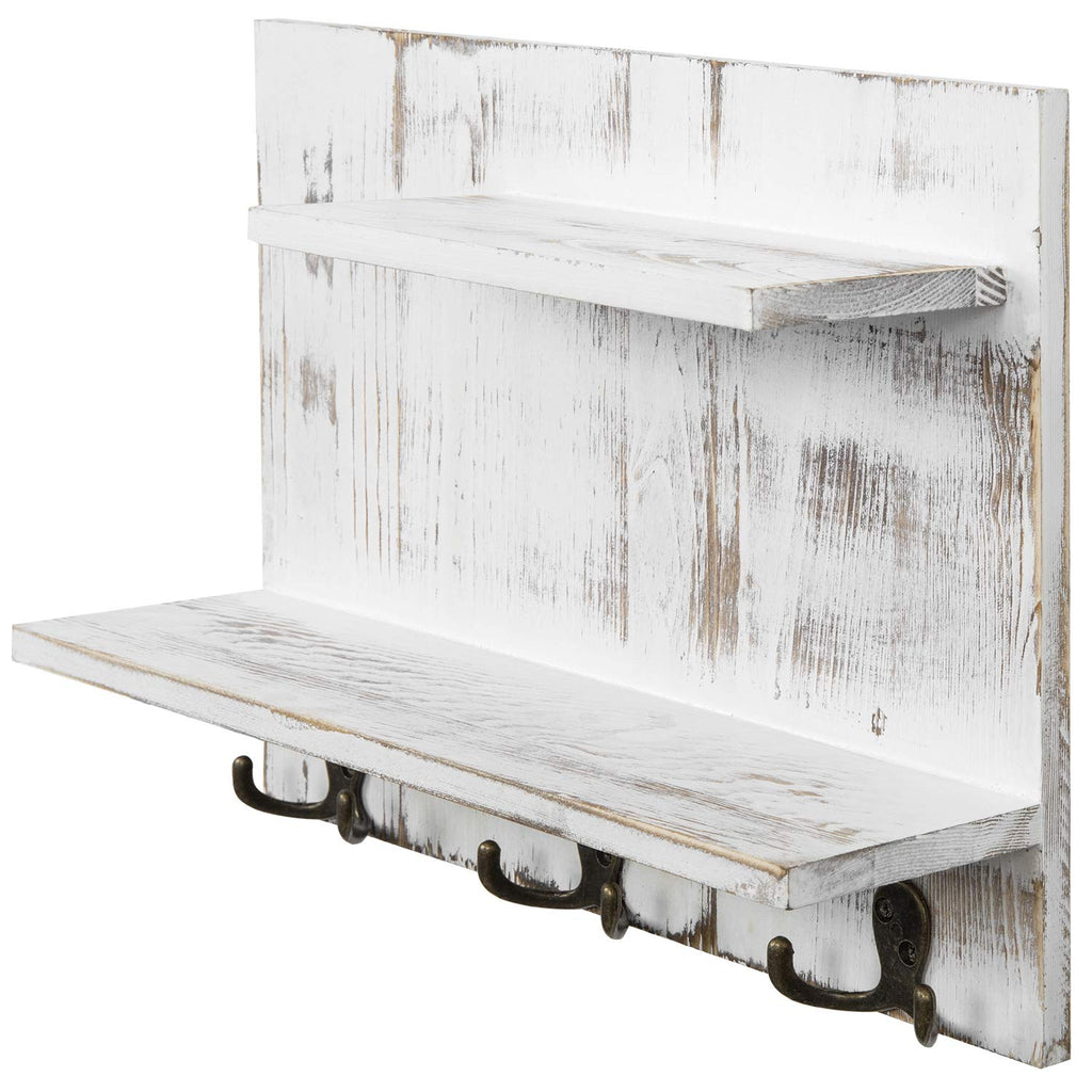 2 Tier White Washed Solid Wood Bathroom Storage Shelves with 6 Hooks I3466