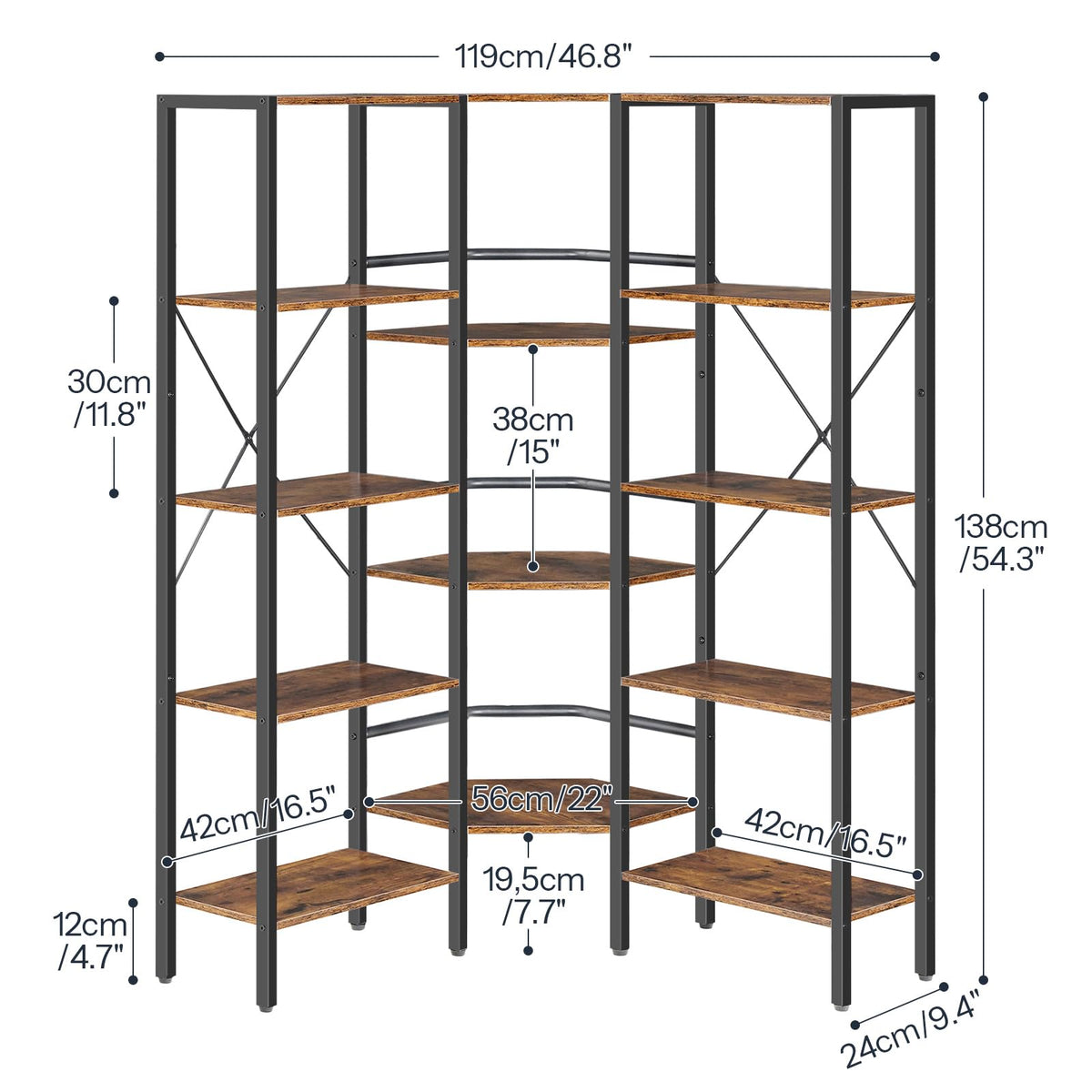 Industrial 5-Tier L-Shaped Corner Bookshelf K8350