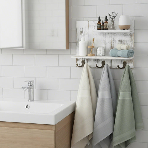 2 Tier White Washed Solid Wood Bathroom Storage Shelves with 6 Hooks I3466