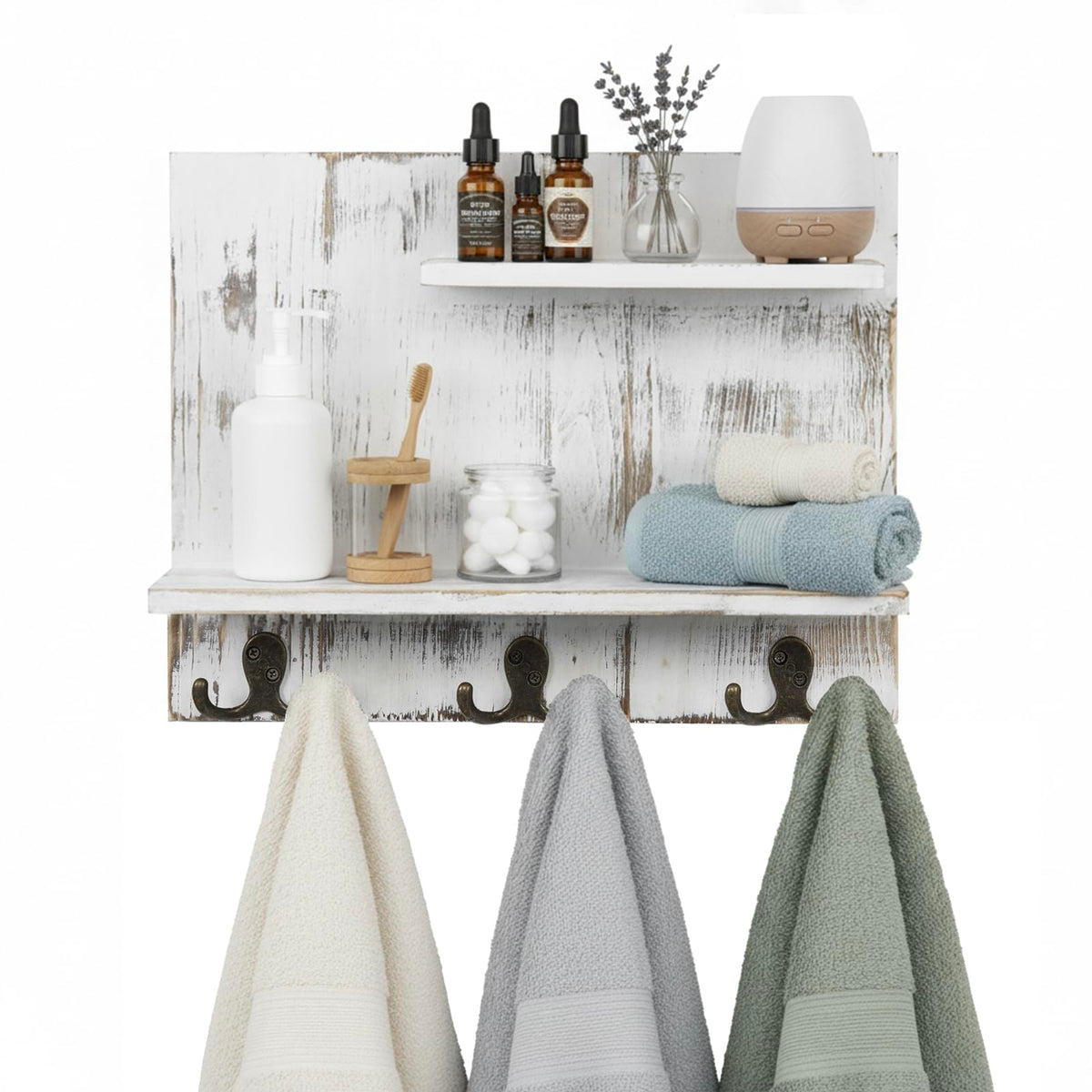 2 Tier White Washed Solid Wood Bathroom Storage Shelves with 6 Hooks I3466