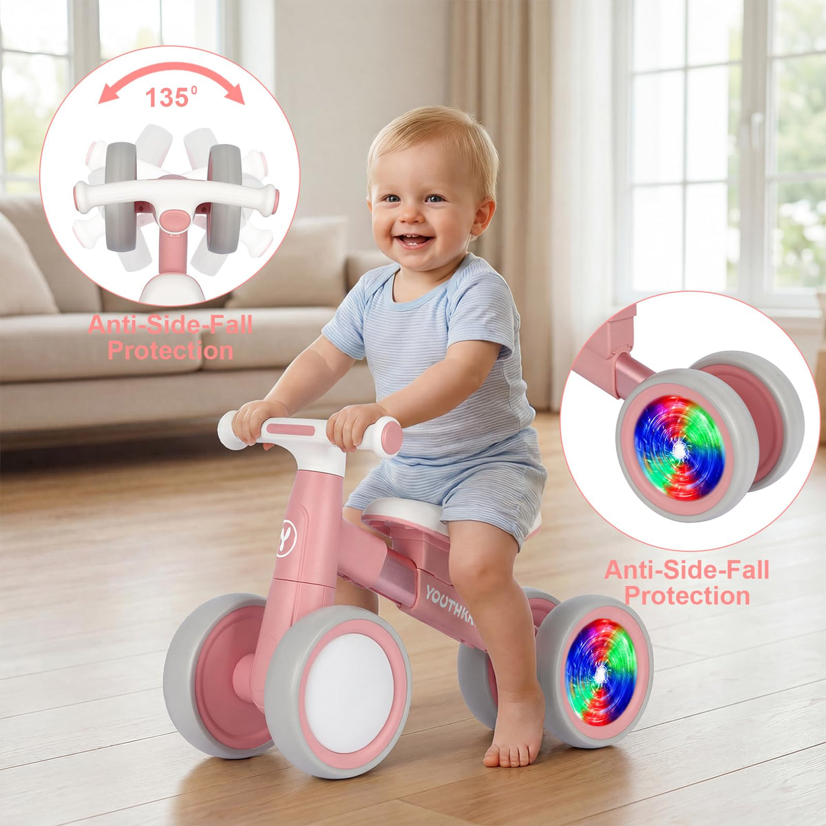 Baby Balance Bike for 1-2 Year Old Toddlers, 4-Wheel with Colorful Light F731214